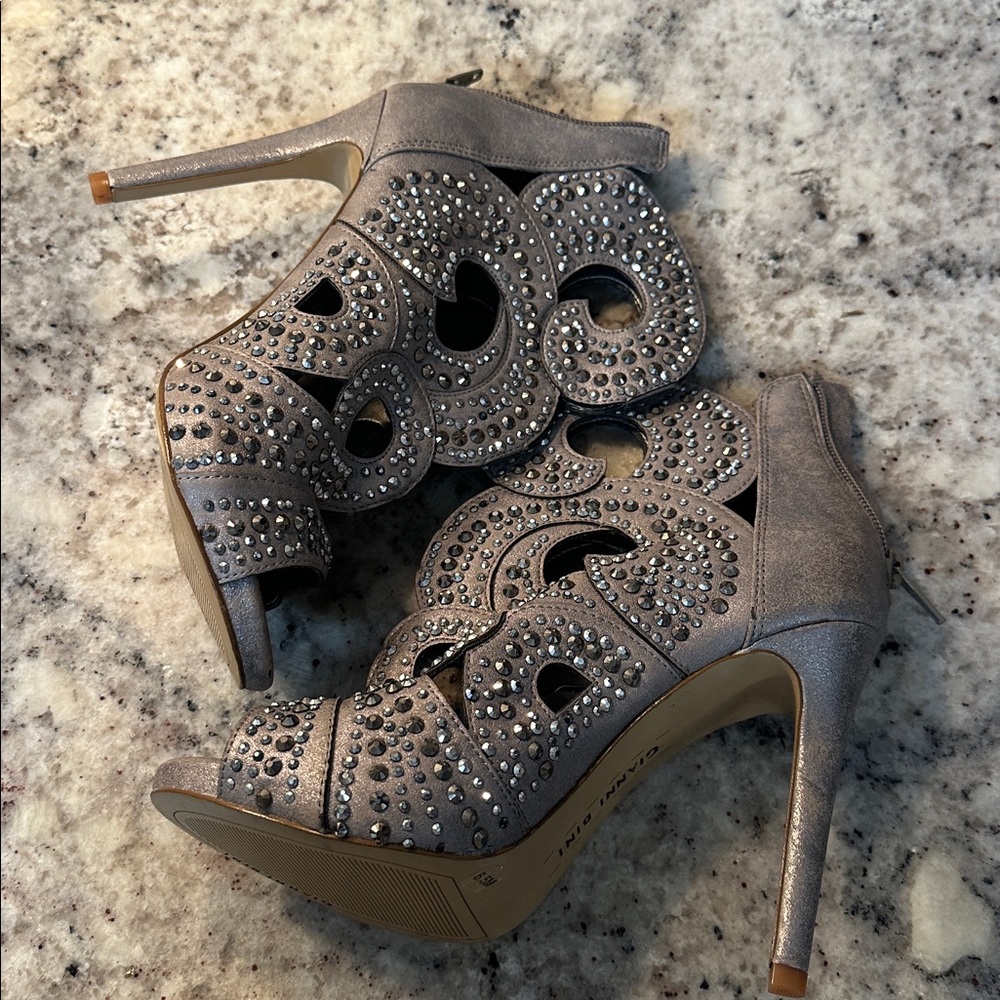 Gianni Bini Merilee silver metallic rhinestone stiletto heel open-toe shooties - Picture 3 of 8